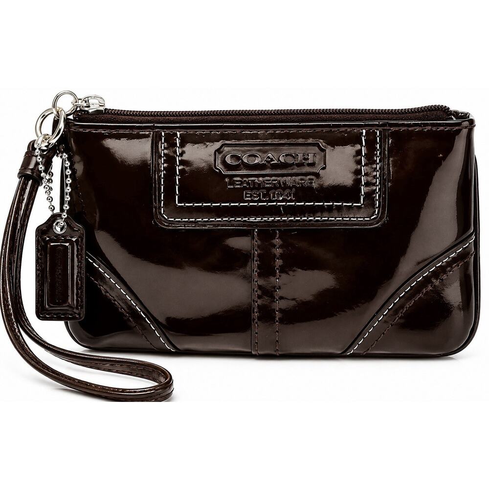 Coach Patent Leather Wristlet Pouch Brown Zip Clutch Wallet Y2K Handbag Logo Bag